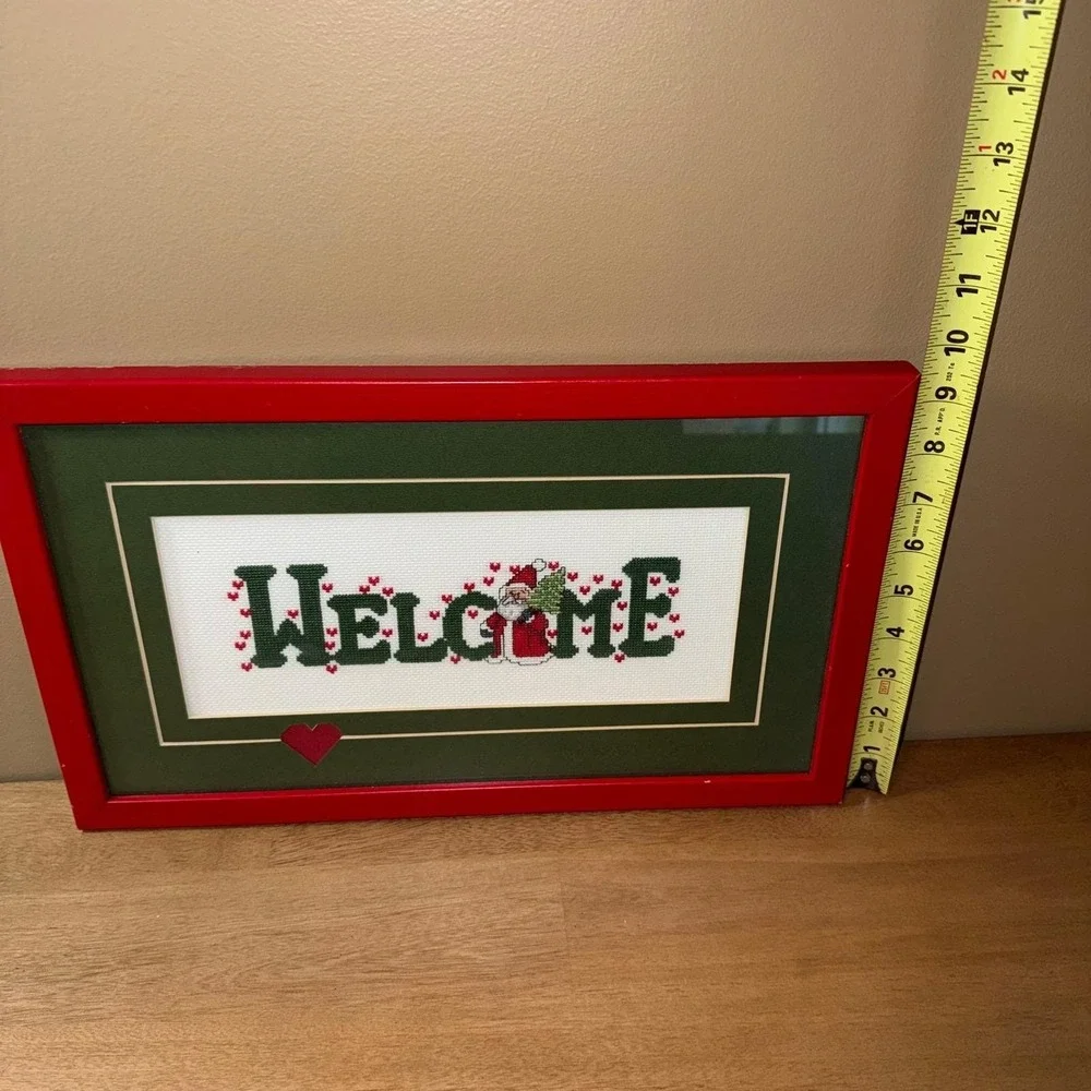 Vintage Christmas Santa Welcome Cross Stitch Framed Wall Decor Red Green Mat